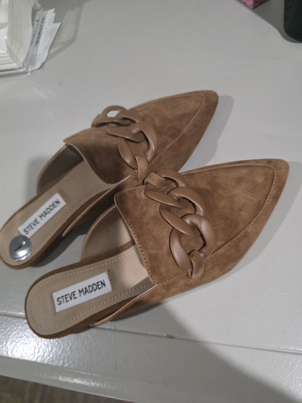 Steve Madden Women's Tan Suede Pointed Mule with Chain Accent